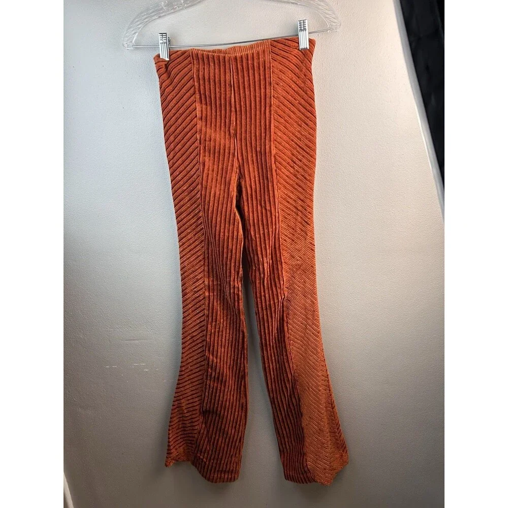 Free People Flared Pull On XS Ribbed Velvet Bell Bottom bronze Orange Bonus Top